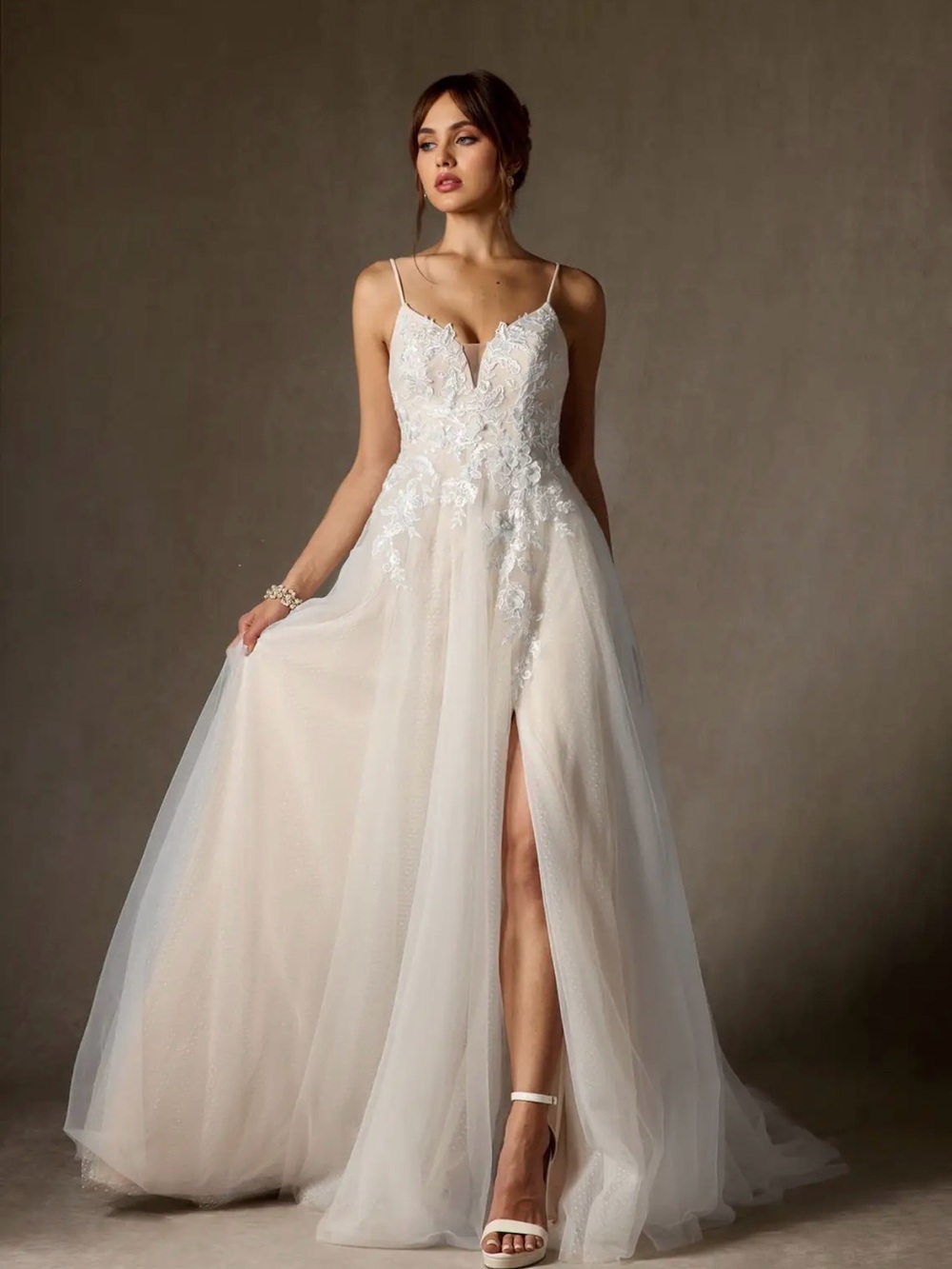 Azazie Ivory Lace A-Line Wedding Gown with Spaghetti Straps and Thigh Slit